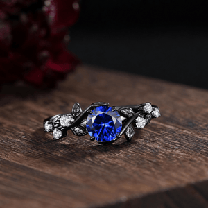 Gothic Leaf Sapphire & Tungsten Couple Ring Set - anerjuly