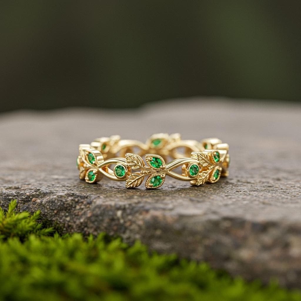 Green Emerald Engagement Ring Antique Milgrain Wedding Ring Leaf Inspired Filigree Ring - anerjuly