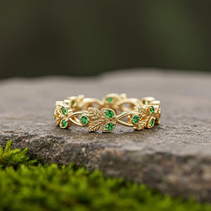 Green Emerald Engagement Ring Antique Milgrain Wedding Ring Leaf Inspired Filigree Ring - anerjuly