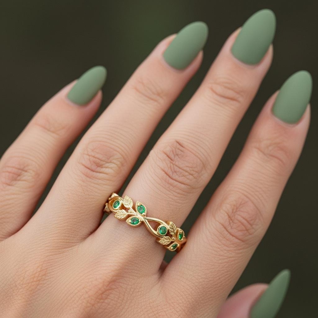 Green Emerald Engagement Ring Antique Milgrain Wedding Ring Leaf Inspired Filigree Ring - anerjuly