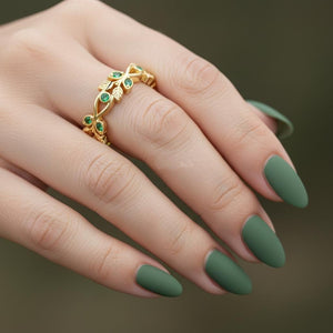 Green Emerald Engagement Ring Antique Milgrain Wedding Ring Leaf Inspired Filigree Ring - anerjuly