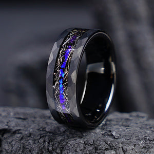 Hammered Black Tungsten Band with Starry Meteorite & Crushed Opal Inlay - anerjuly