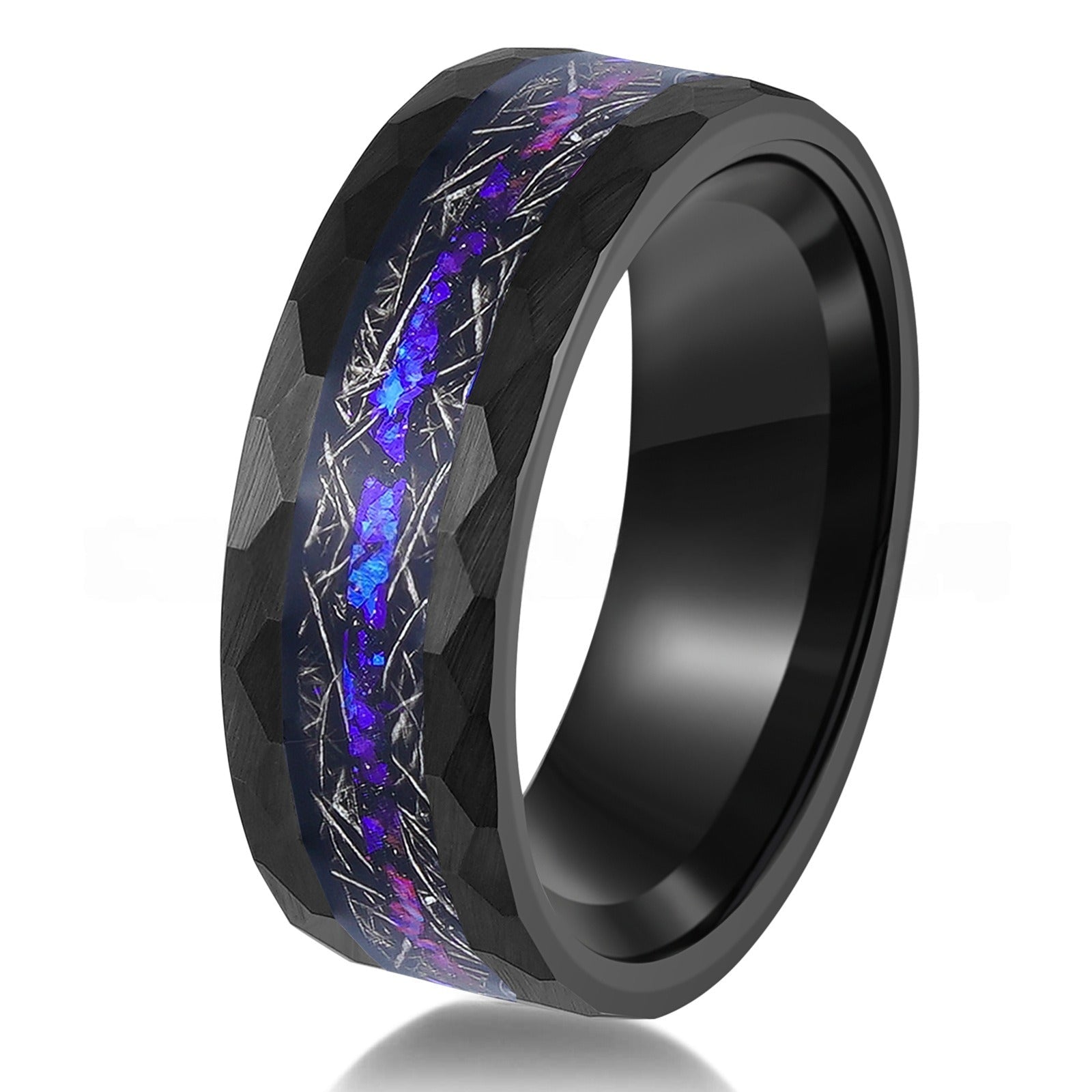 Hammered Black Tungsten Band with Starry Meteorite & Crushed Opal Inlay - anerjuly