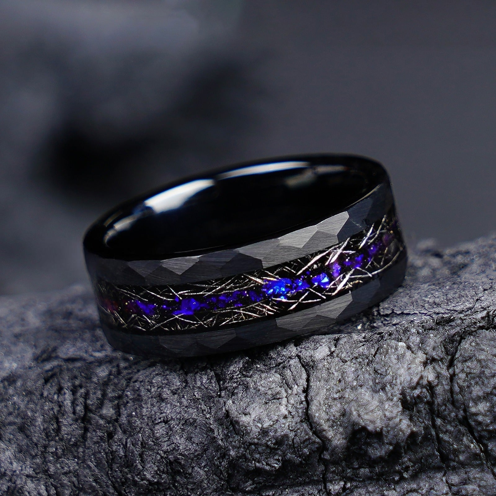 Hammered Black Tungsten Band with Starry Meteorite & Crushed Opal Inlay - anerjuly