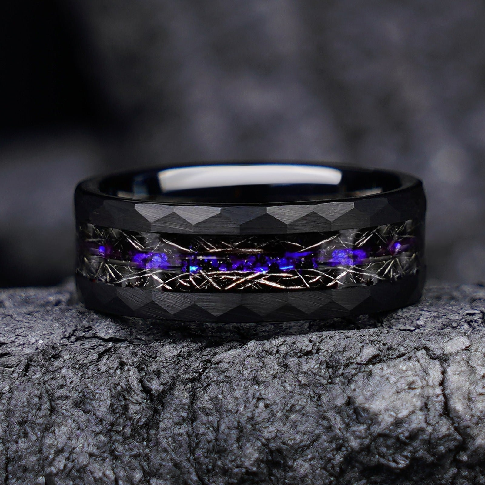 Hammered Black Tungsten Band with Starry Meteorite & Crushed Opal Inlay - anerjuly