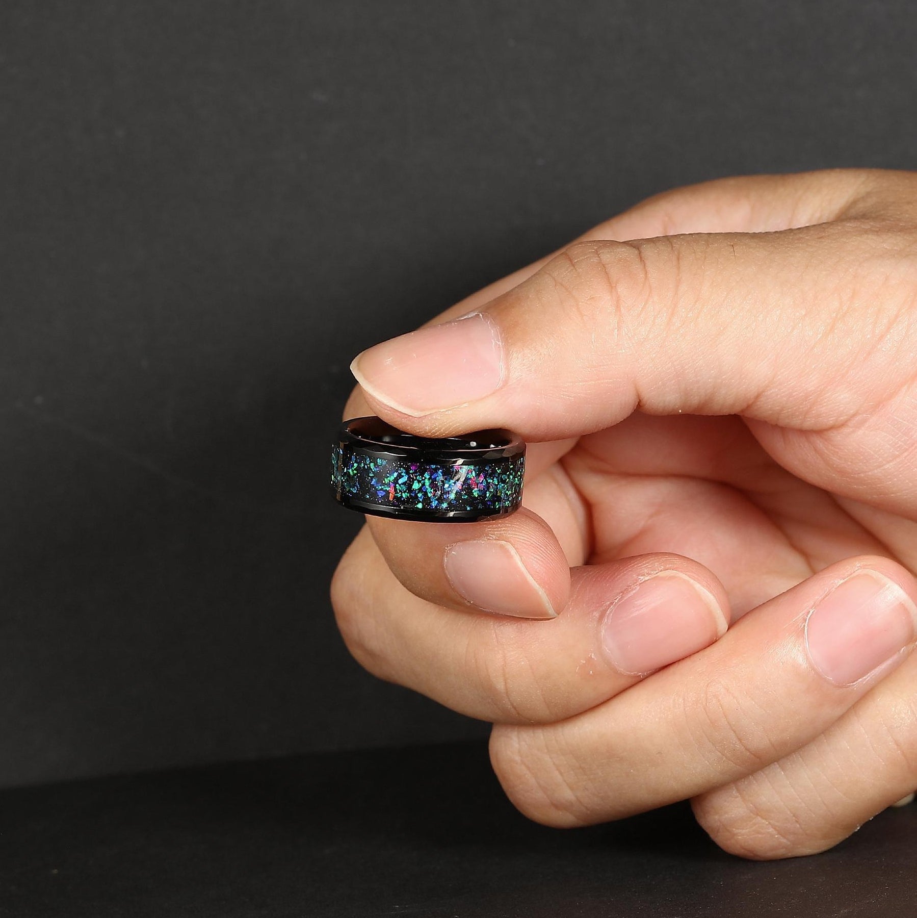 Hammered Black Tungsten Ring with Vibrant Galaxy Opal Inlay Wedding Band - anerjuly
