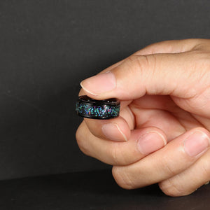 Hammered Black Tungsten Ring with Vibrant Galaxy Opal Inlay Wedding Band - anerjuly