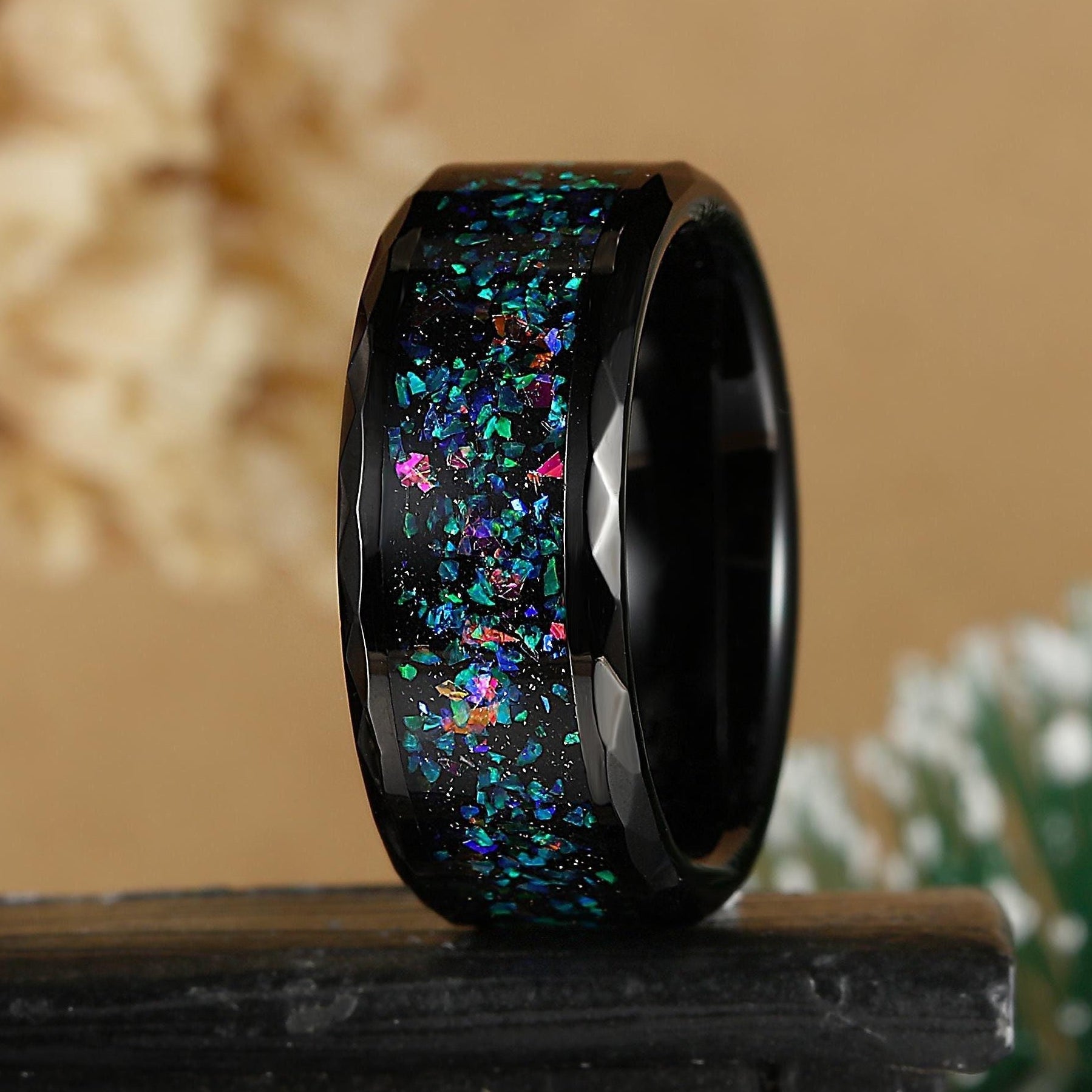 Hammered Black Tungsten Ring with Vibrant Galaxy Opal Inlay Wedding Band - anerjuly
