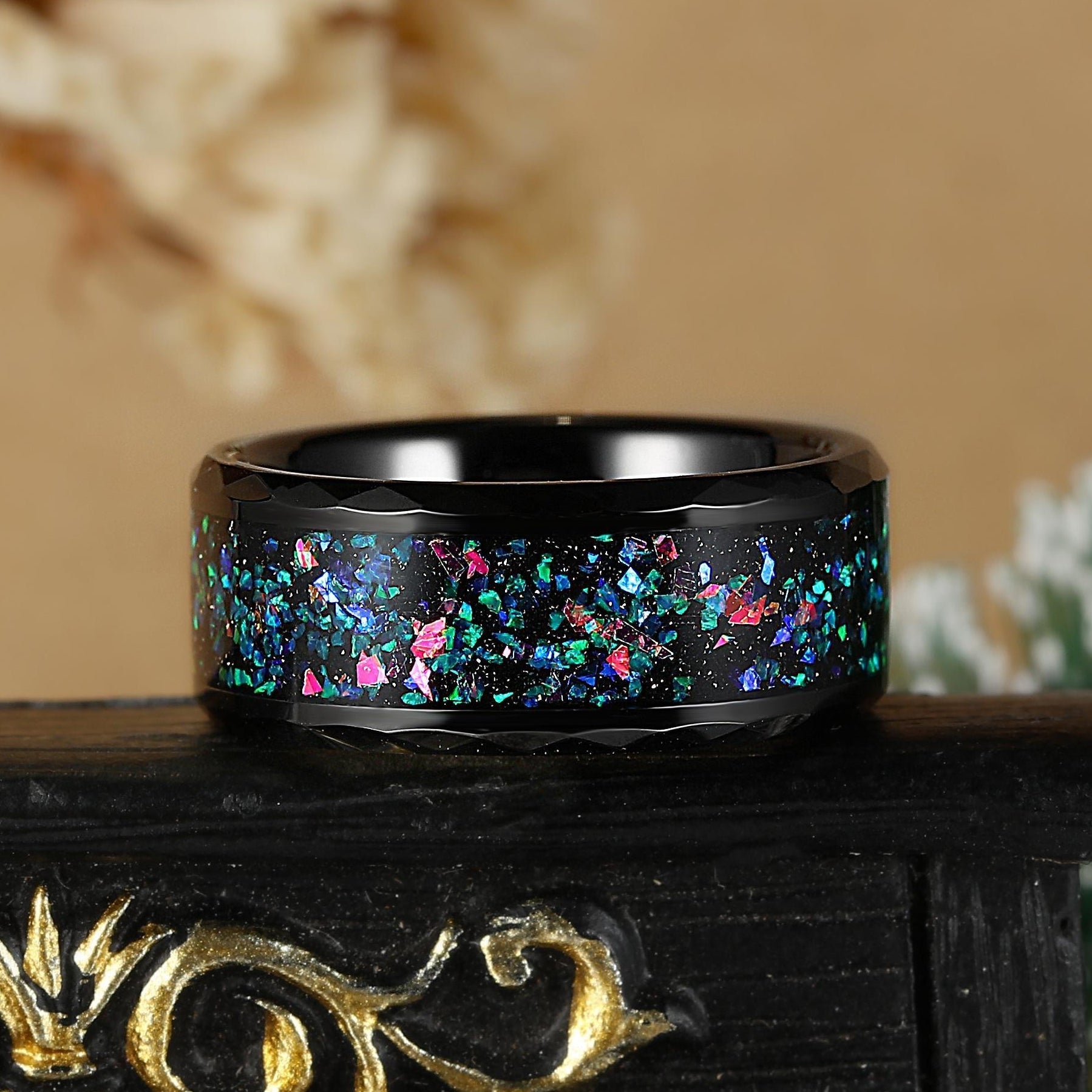 Hammered Black Tungsten Ring with Vibrant Galaxy Opal Inlay Wedding Band - anerjuly