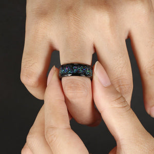 Hammered Black Tungsten Ring with Vibrant Galaxy Opal Inlay Wedding Band - anerjuly