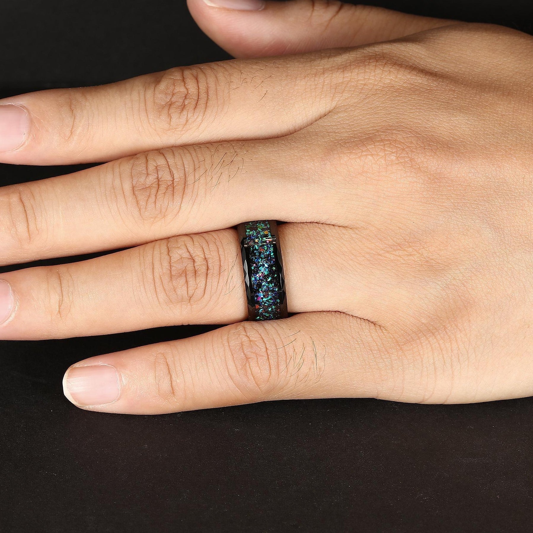 Hammered Black Tungsten Ring with Vibrant Galaxy Opal Inlay Wedding Band - anerjuly