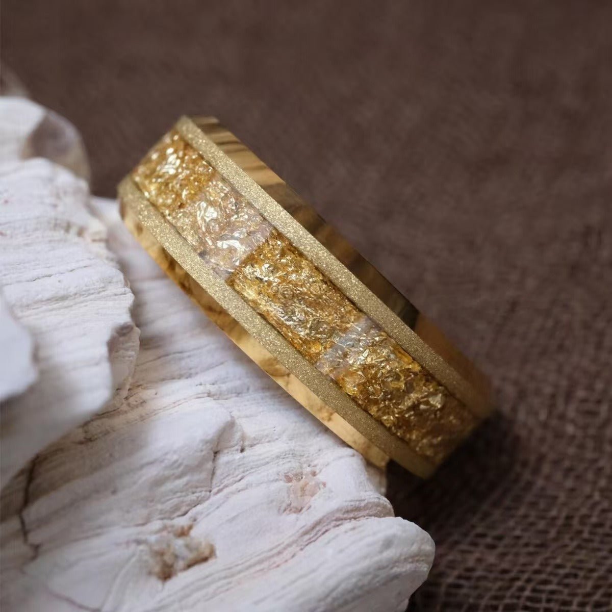 Hammered Gold Tungsten Ring with Textured Gold Foil Inlay - anerjuly