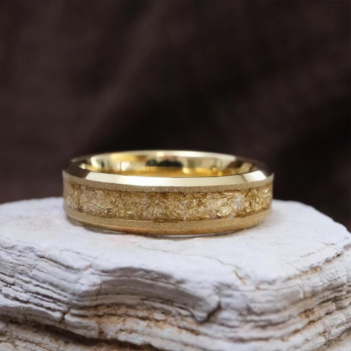 Hammered Gold Tungsten Ring with Textured Gold Foil Inlay - anerjuly