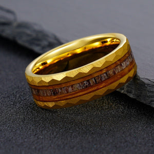 Hammered Gold Tungsten Ring with Wood and Antler Inlay - anerjuly