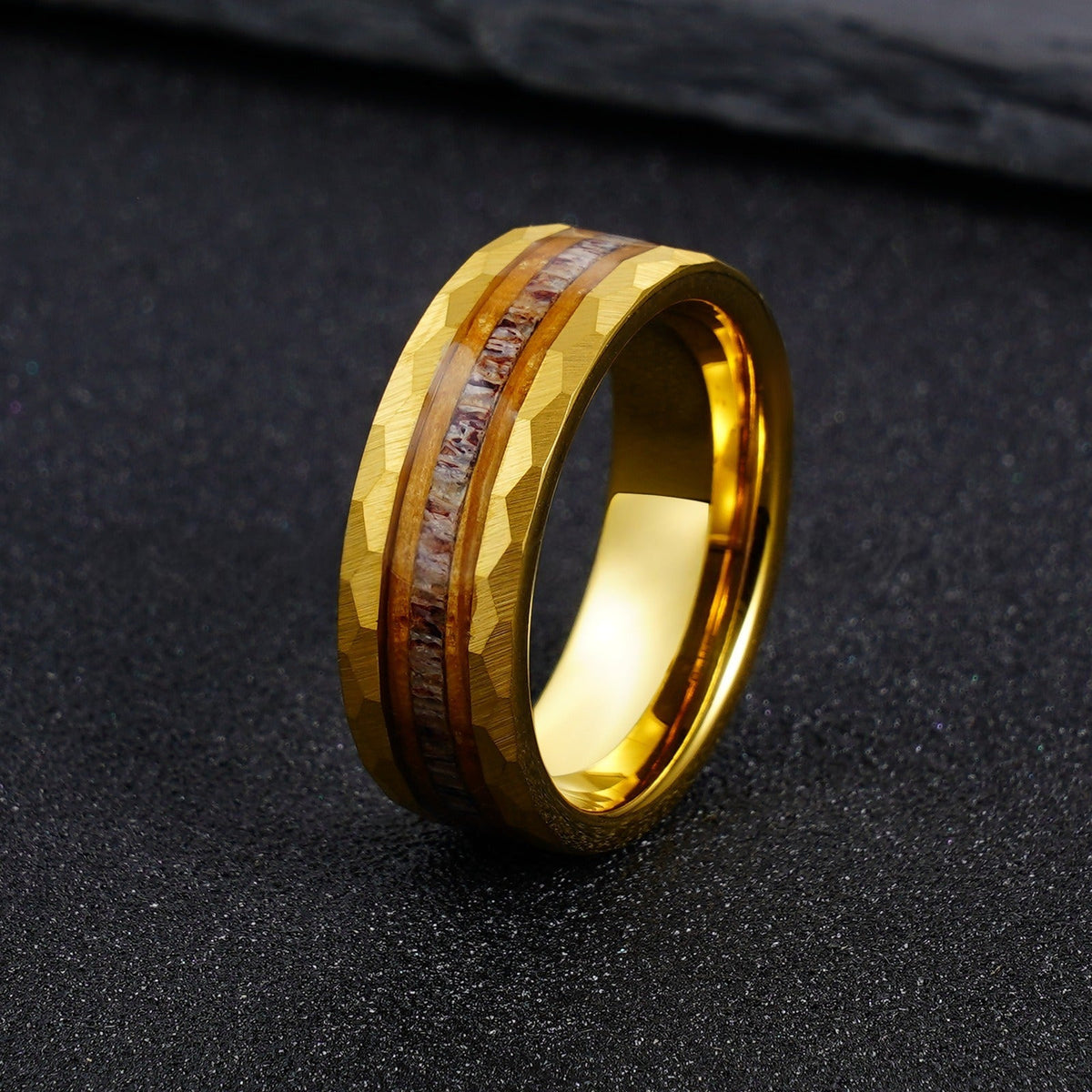 Hammered Gold Tungsten Ring with Wood and Antler Inlay - anerjuly