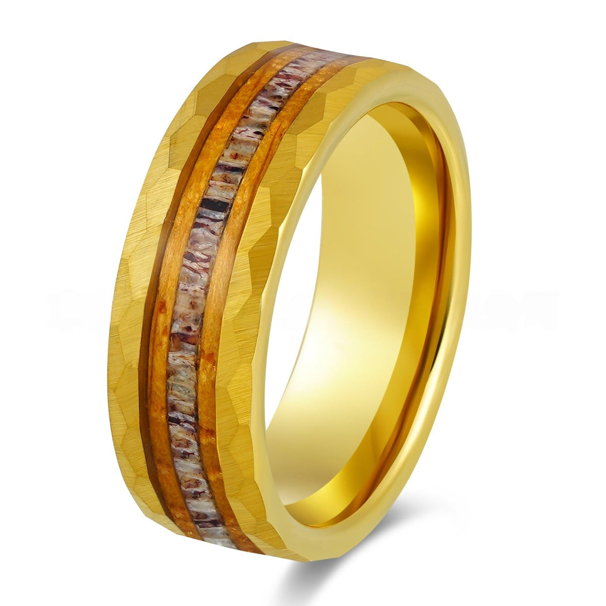 Hammered Gold Tungsten Ring with Wood and Antler Inlay - anerjuly
