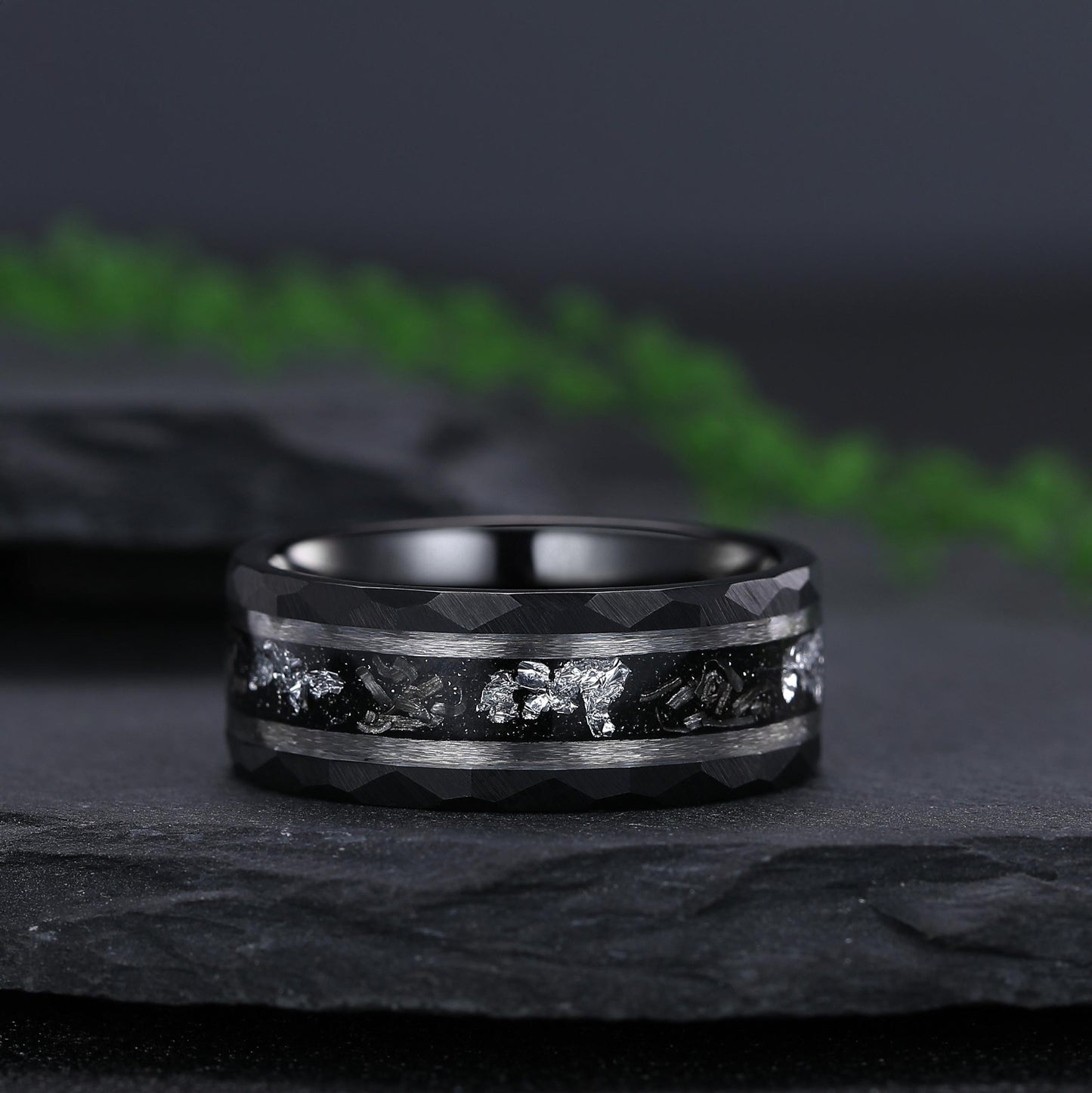 Hammered Meteorite Black Gold String Ring Men's Tungsten Ring - anerjuly