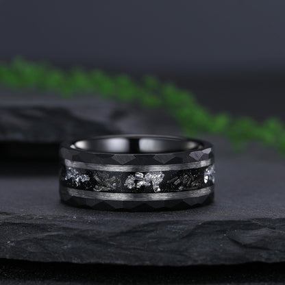 Hammered Meteorite Black Gold String Ring Men's Tungsten Ring - anerjuly