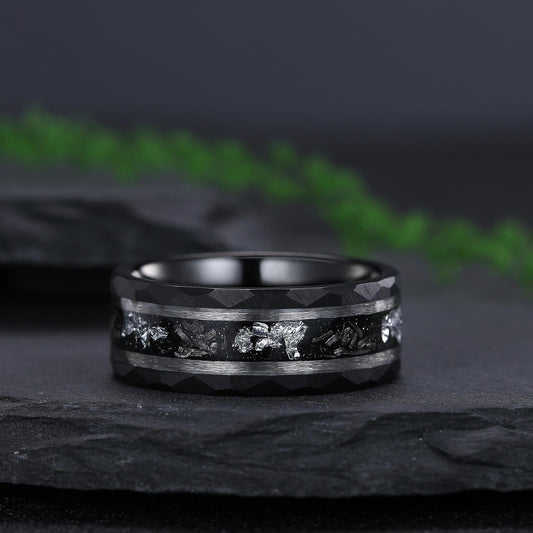 Hammered Meteorite Black Gold String Ring Men's Tungsten Ring - anerjuly