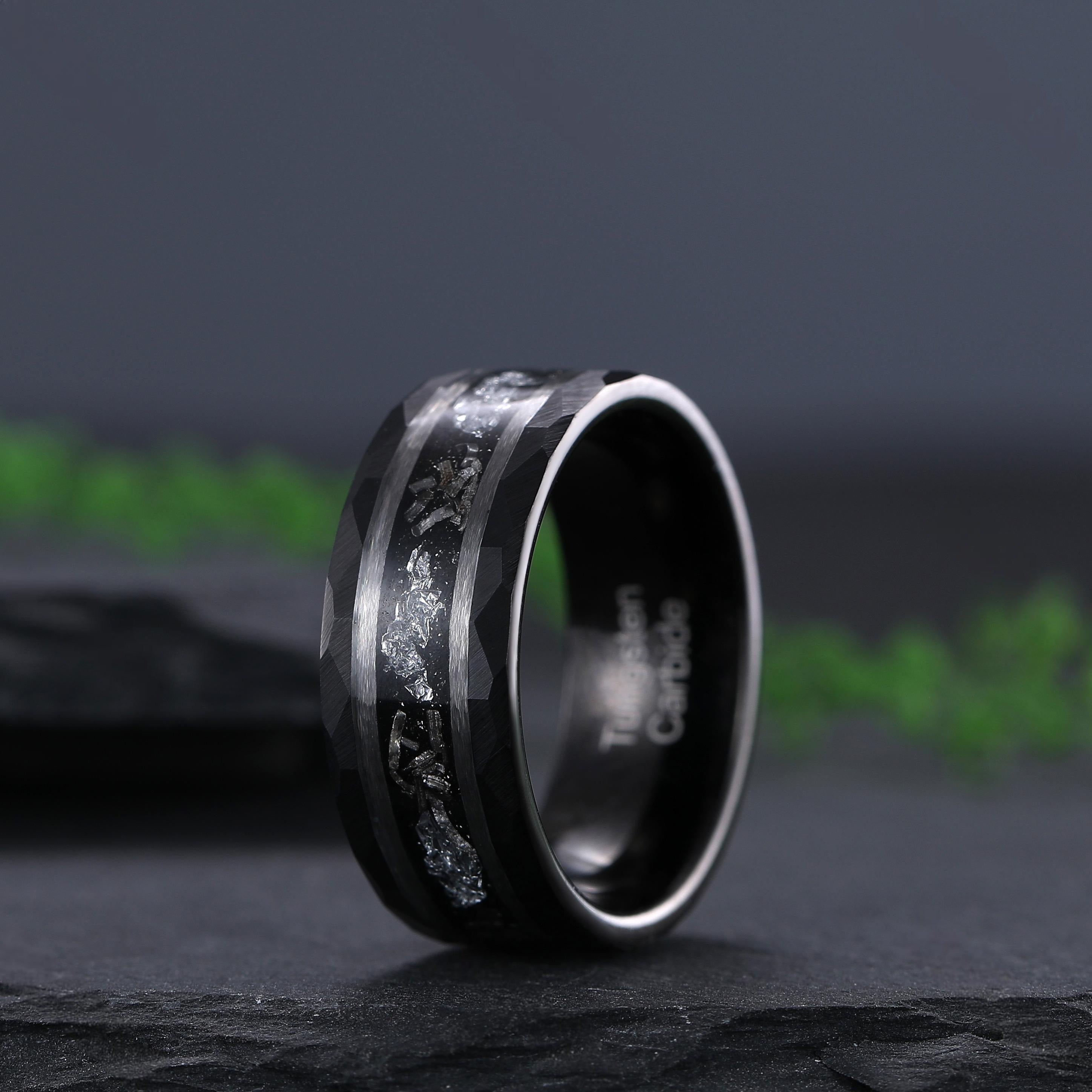 Hammered Meteorite Black Gold String Ring Men's Tungsten Ring - anerjuly