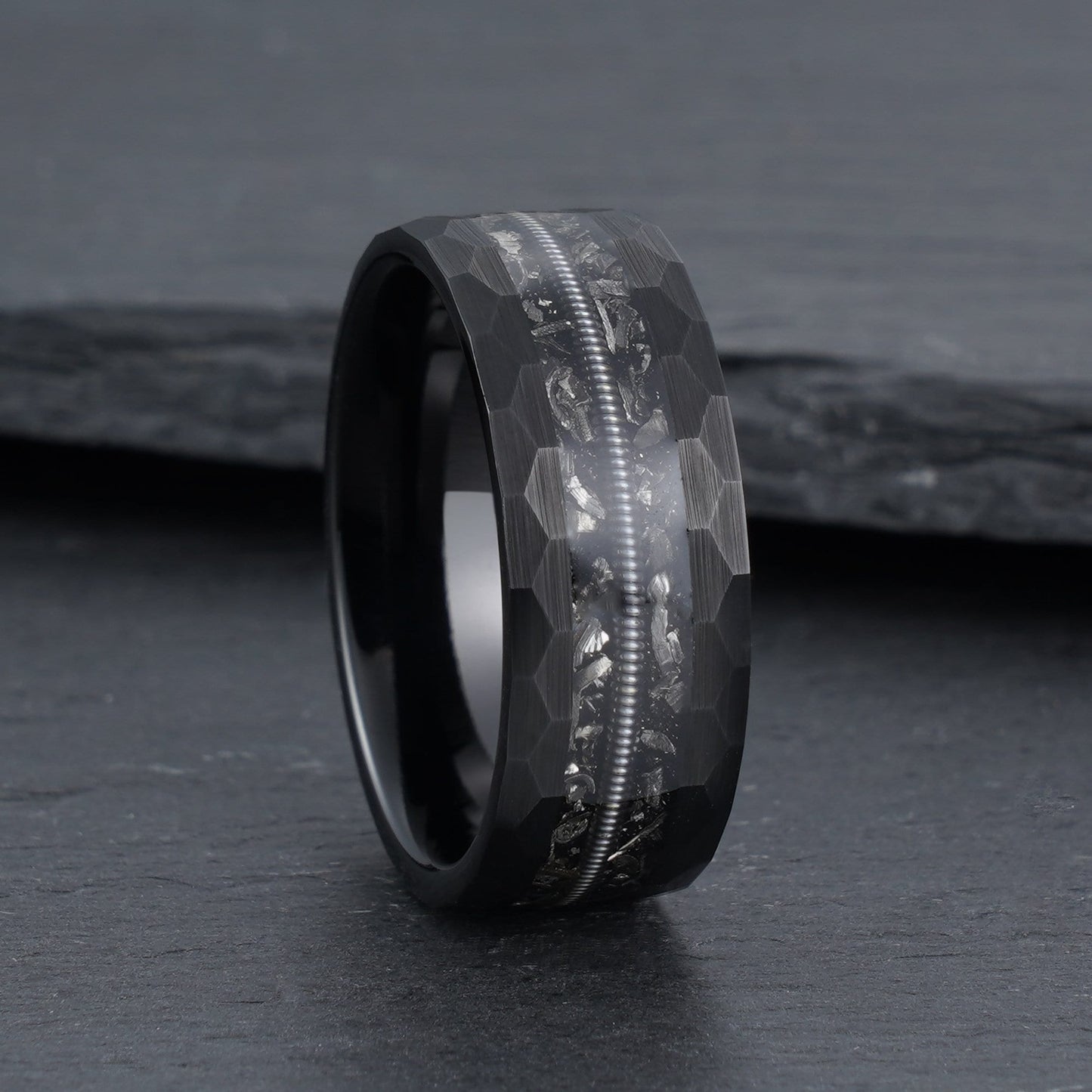 Hammered Meteorite & Guitar String Ring Men's Tungsten Ring - anerjuly