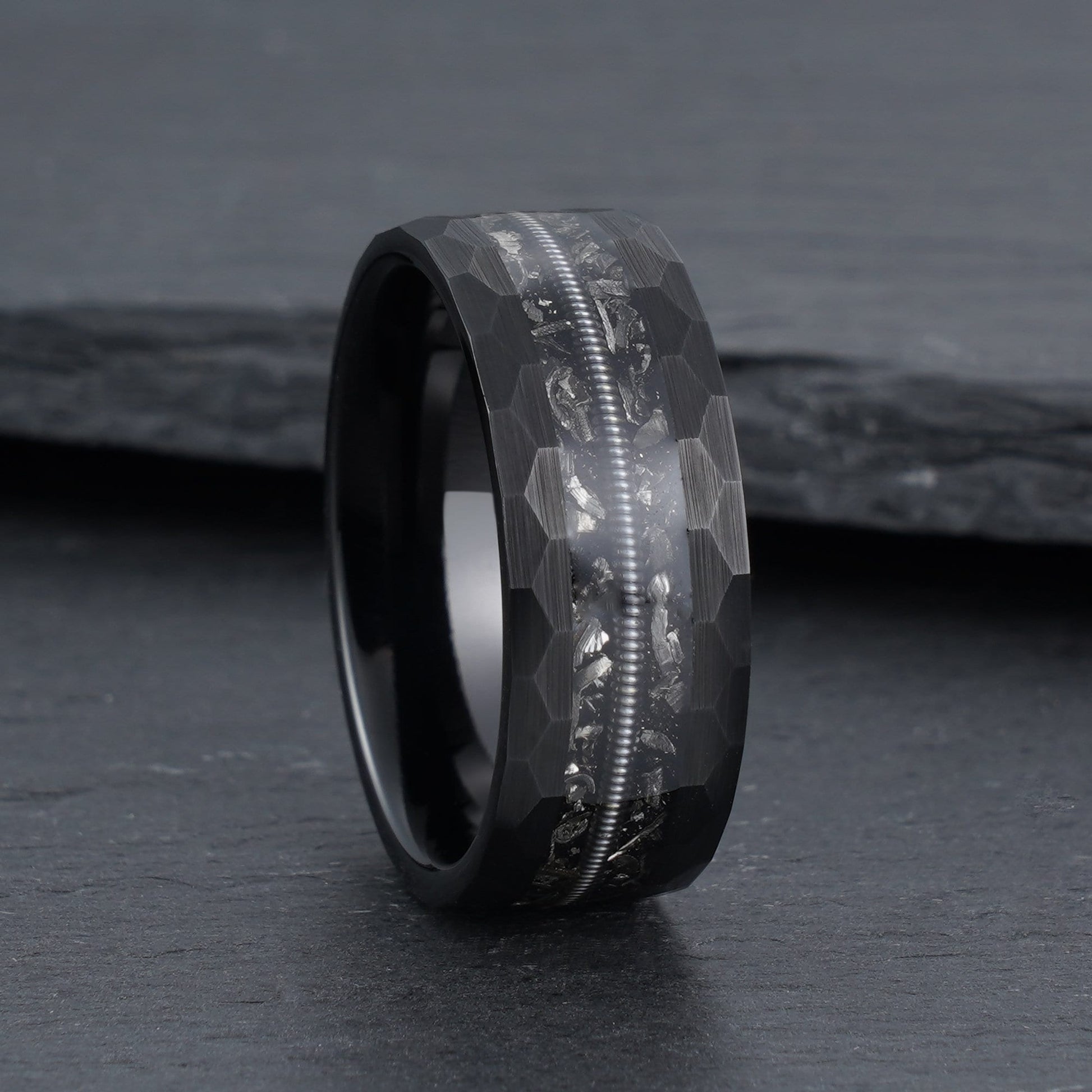 Hammered Meteorite & Guitar String Ring Men's Tungsten Ring - anerjuly