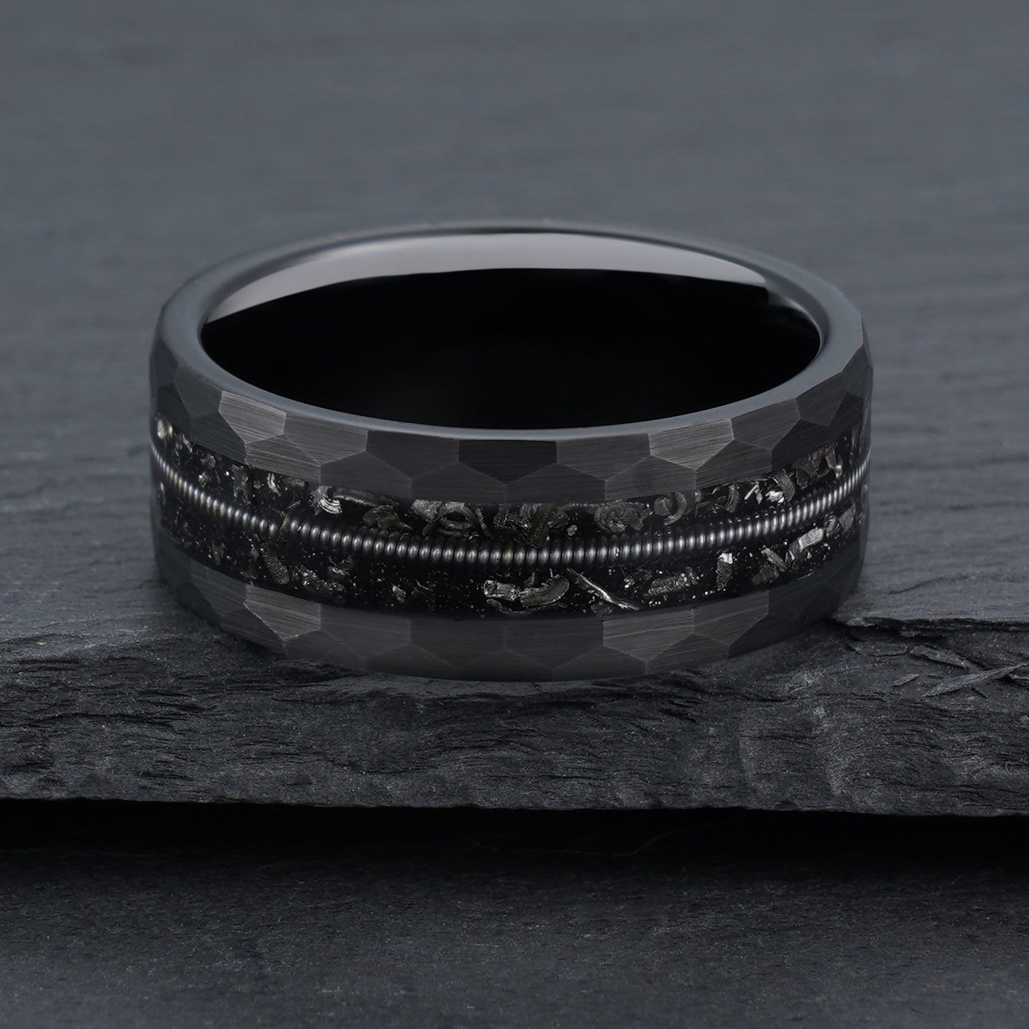 Hammered Meteorite & Guitar String Ring Men's Tungsten Ring - anerjuly