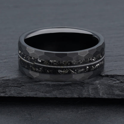Hammered Meteorite & Guitar String Ring Men's Tungsten Ring - anerjuly
