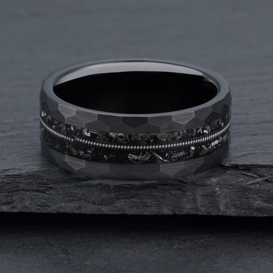 Hammered Meteorite & Guitar String Ring Men's Tungsten Ring - anerjuly