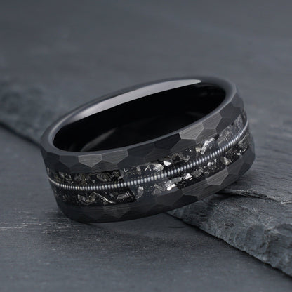Hammered Meteorite & Guitar String Ring Men's Tungsten Ring - anerjuly
