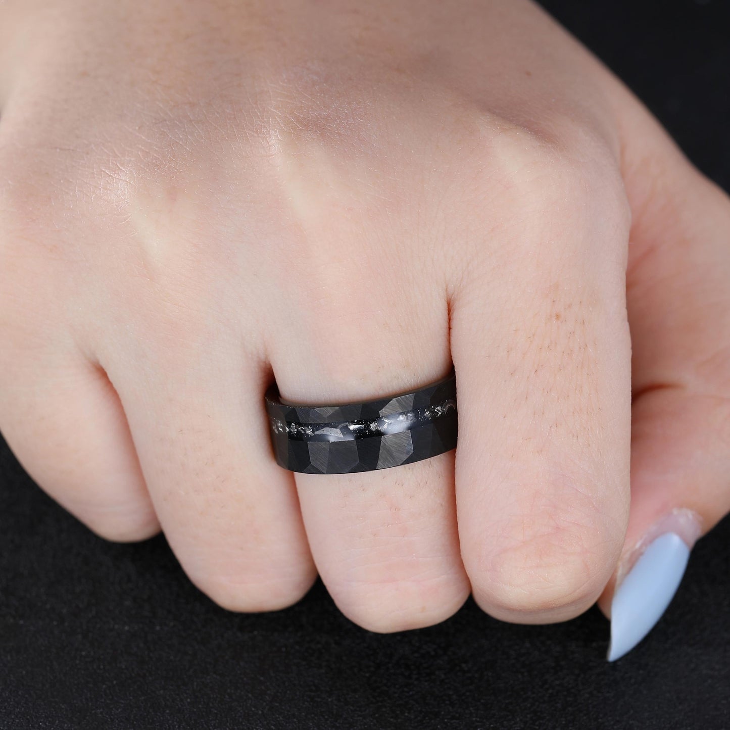 Hammered Meteorite Inlay Black Gold String Ring Men's Tungsten Ring - anerjuly
