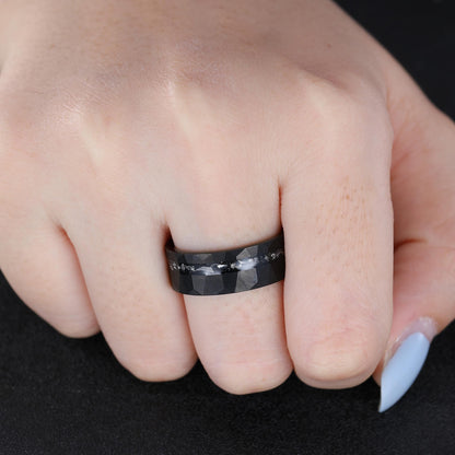 Hammered Meteorite Inlay Black Gold String Ring Men's Tungsten Ring - anerjuly