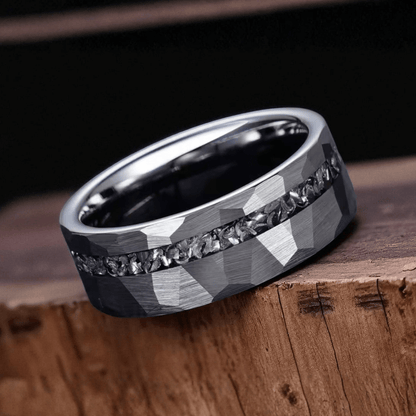 Hammered Tungsten Ring with Crushed Stone Inlay Men's Tungsten Ring - anerjuly