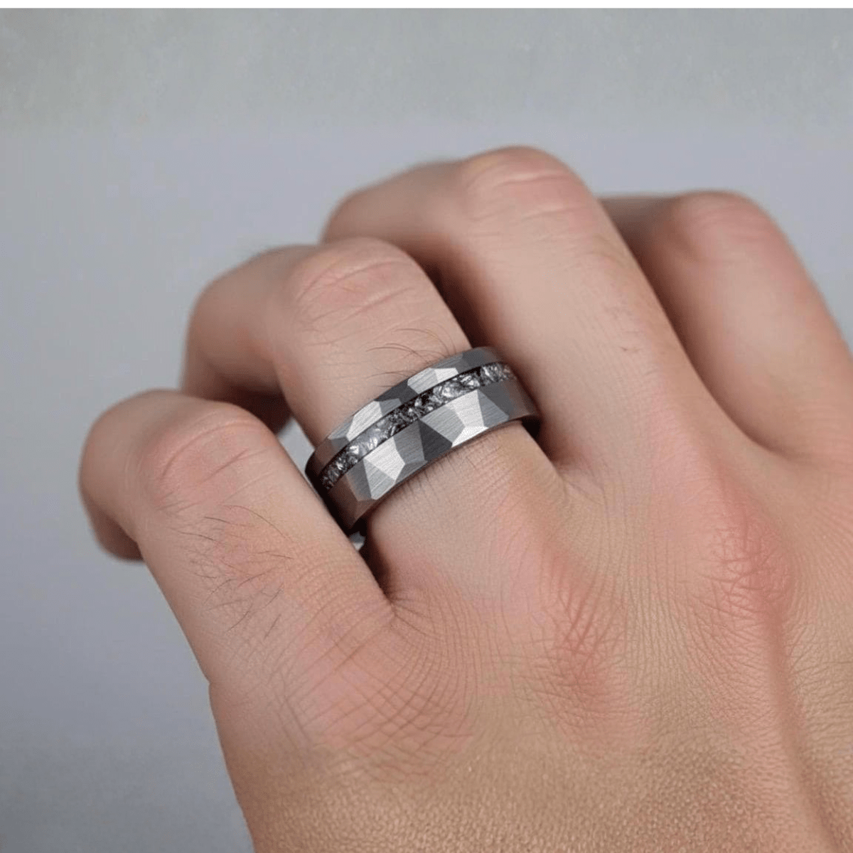 Hammered Tungsten Ring with Crushed Stone Inlay Men's Tungsten Ring - anerjuly