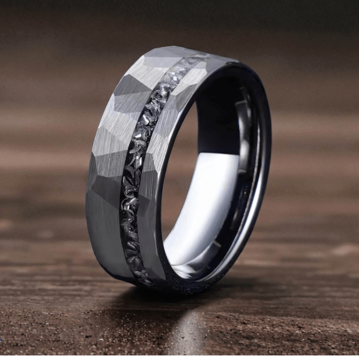 Hammered Tungsten Ring with Crushed Stone Inlay Men's Tungsten Ring - anerjuly