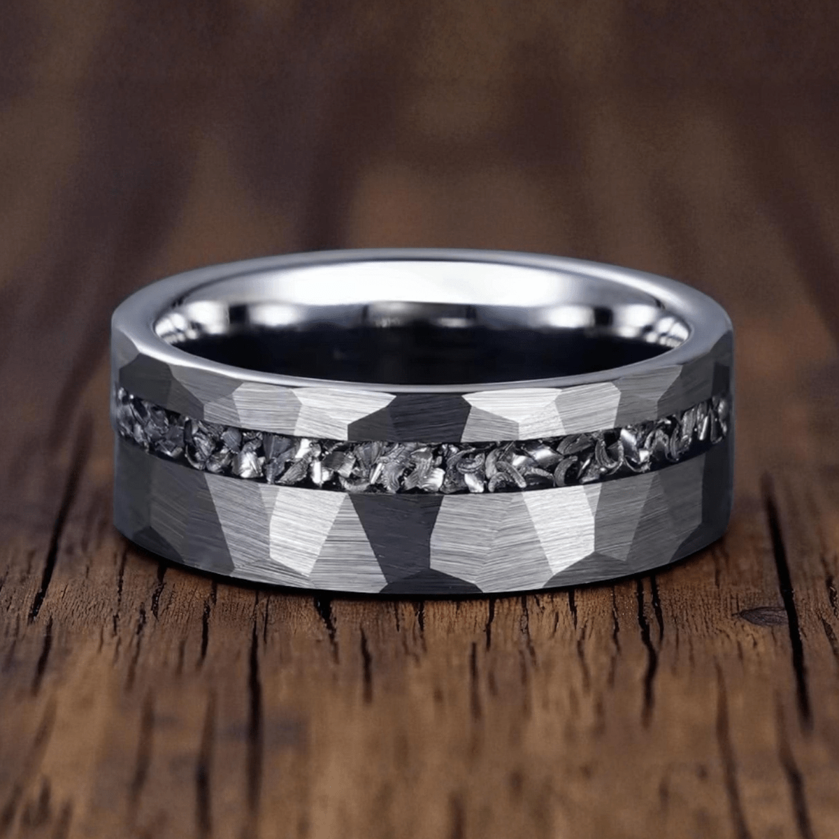 Hammered Tungsten Ring with Crushed Stone Inlay Men's Tungsten Ring - anerjuly