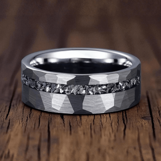 Hammered Tungsten Ring with Crushed Stone Inlay Men's Tungsten Ring - anerjuly