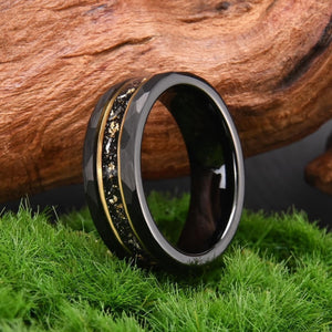 His Ring - Hammered Black Tungsten Ring with Gold Foil & Crushed Stone Inlay