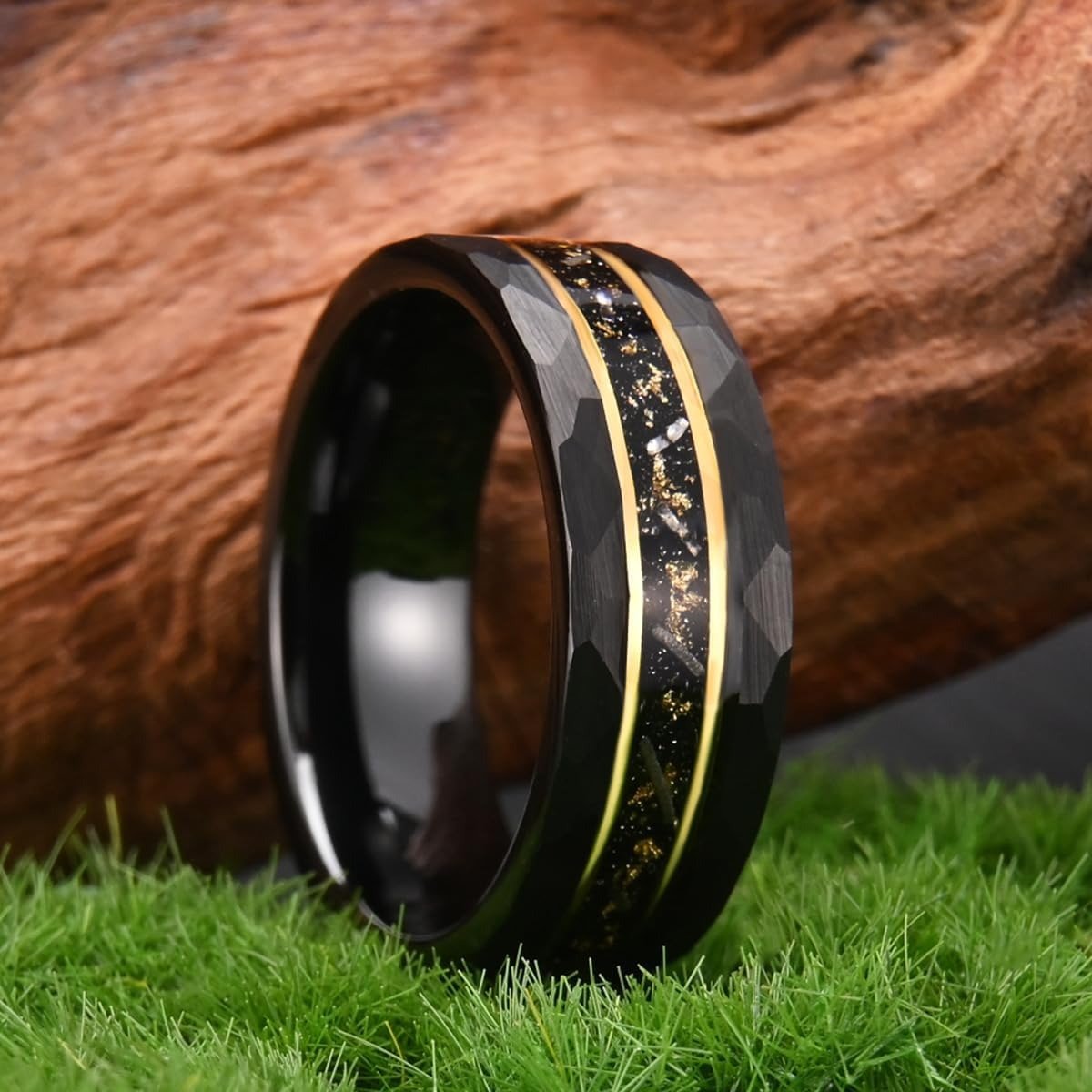 His Ring - Hammered Black Tungsten Ring with Gold Foil & Crushed Stone Inlay
