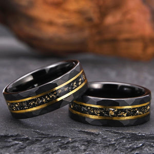 His Ring - Hammered Black Tungsten Ring with Gold Foil & Crushed Stone Inlay