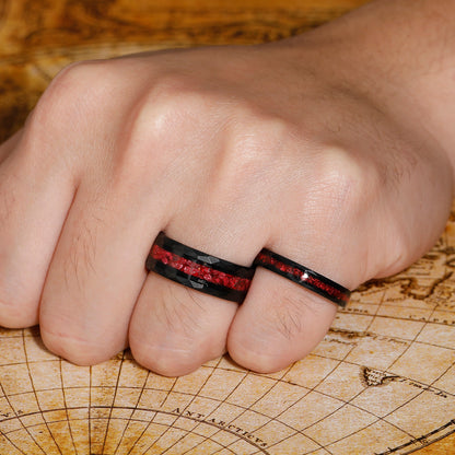 Hammered Tungsten Wedding Band with Crushed Red Ruby, Promise Ring Set for Couples - anerjuly