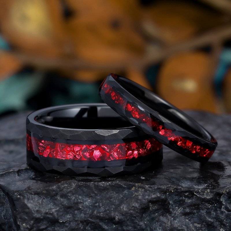 Hammered Tungsten Wedding Band with Crushed Red Ruby, Promise Ring Set for Couples - anerjuly