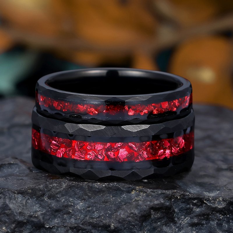 Hammered Tungsten Wedding Band with Crushed Red Ruby, Promise Ring Set for Couples - anerjuly