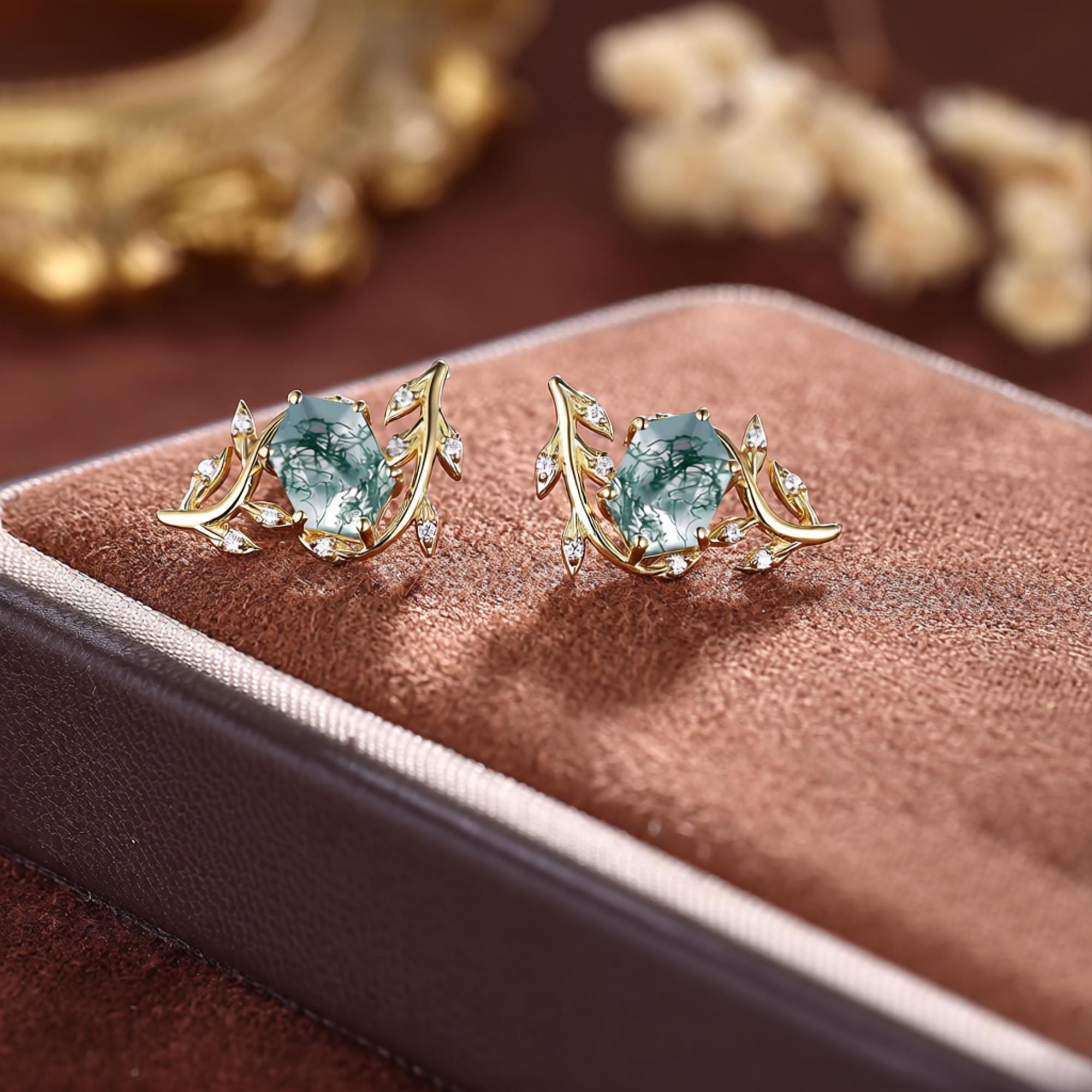Handmade Moss Agate Everyday Vine Leaf Nature Inspired Onyx Studs Earrings - anerjuly