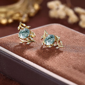 Handmade Moss Agate Everyday Vine Leaf Nature Inspired Onyx Studs Earrings - anerjuly