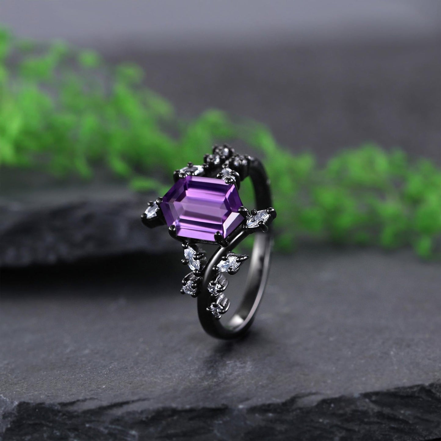 hexagon amethyst couple ring set tungsten ring, black gold amethyst engagement ring, his and hers wedding band promise ring - anerjuly