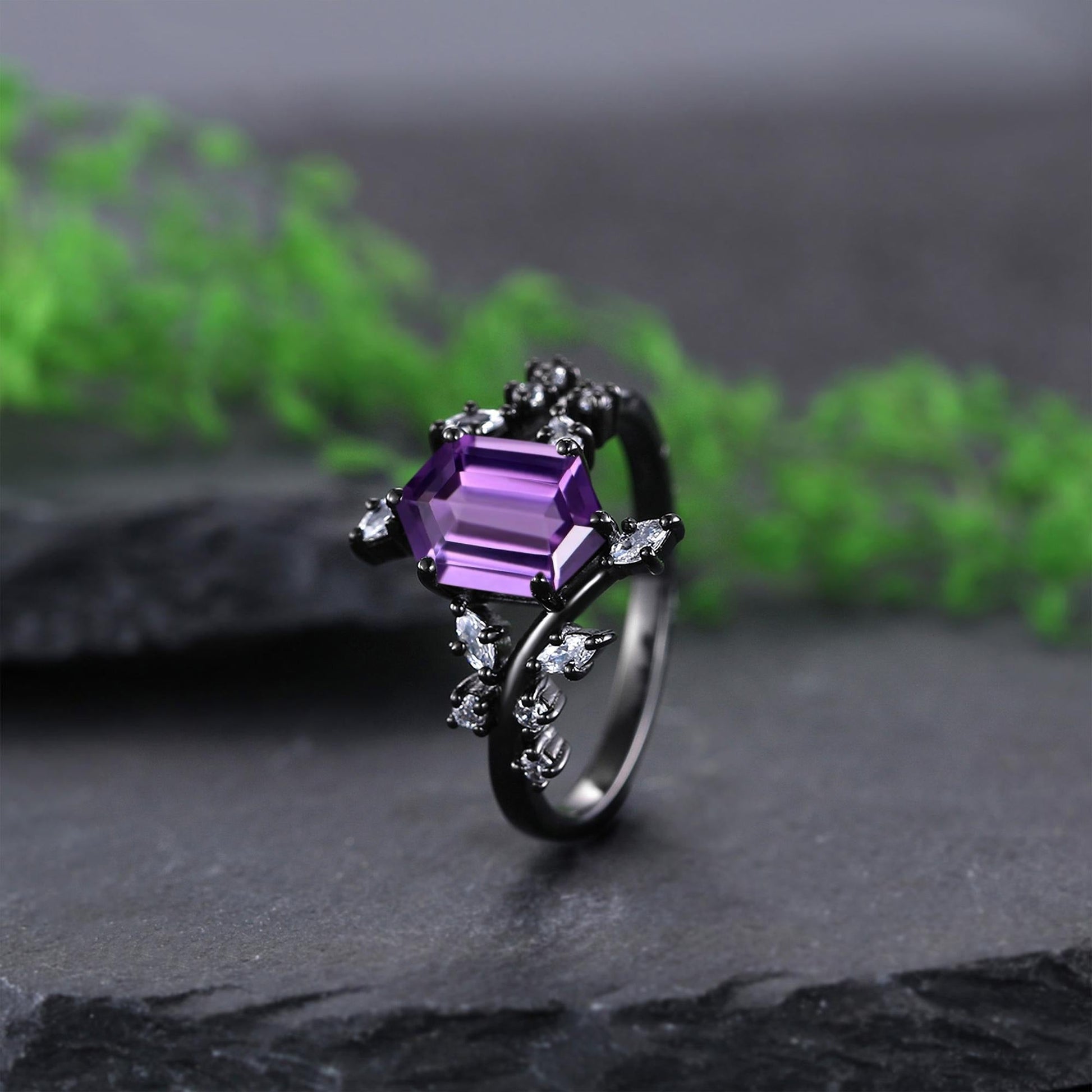 hexagon amethyst couple ring set tungsten ring, black gold amethyst engagement ring, his and hers wedding band promise ring - anerjuly