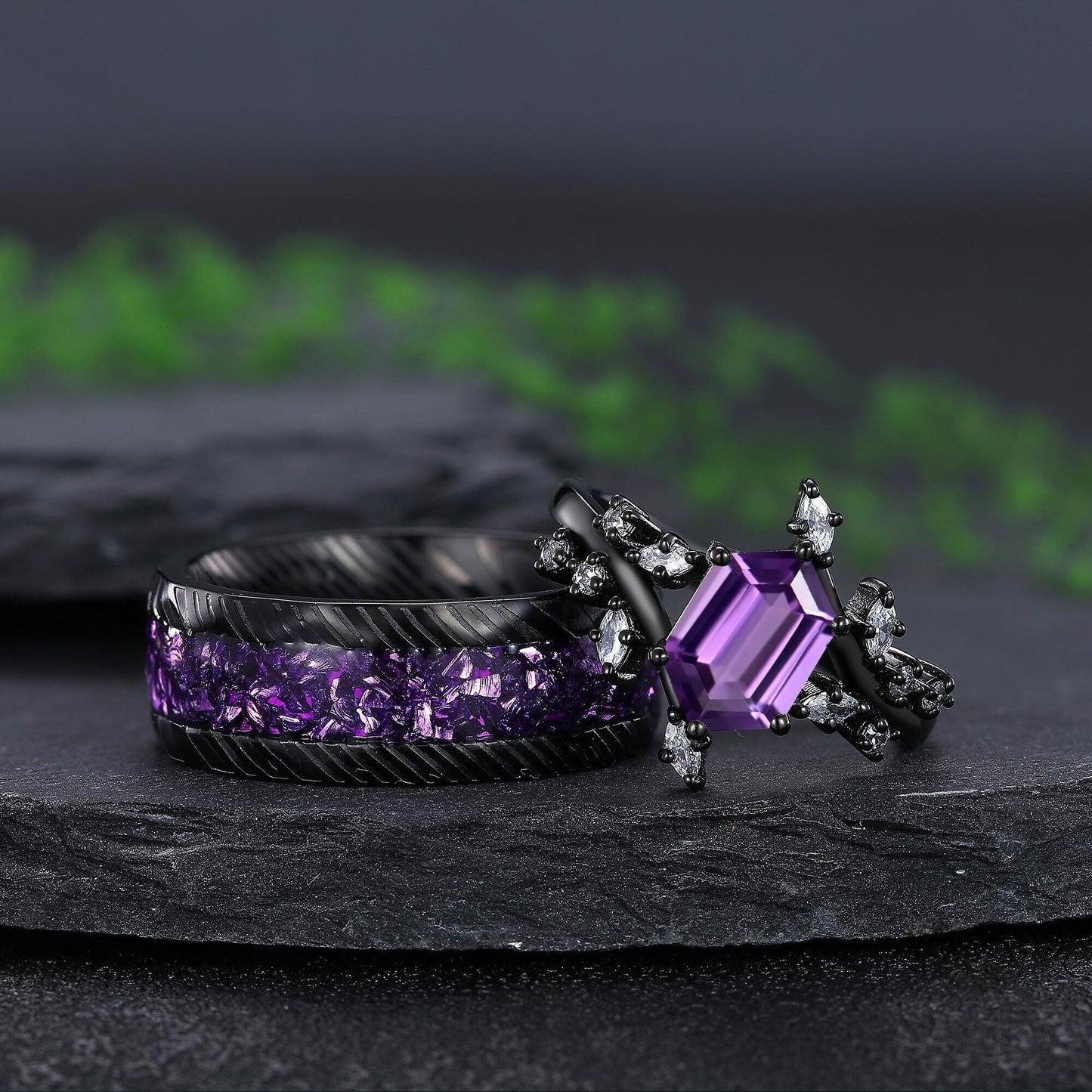 hexagon amethyst couple ring set tungsten ring, black gold amethyst engagement ring, his and hers wedding band promise ring - anerjuly