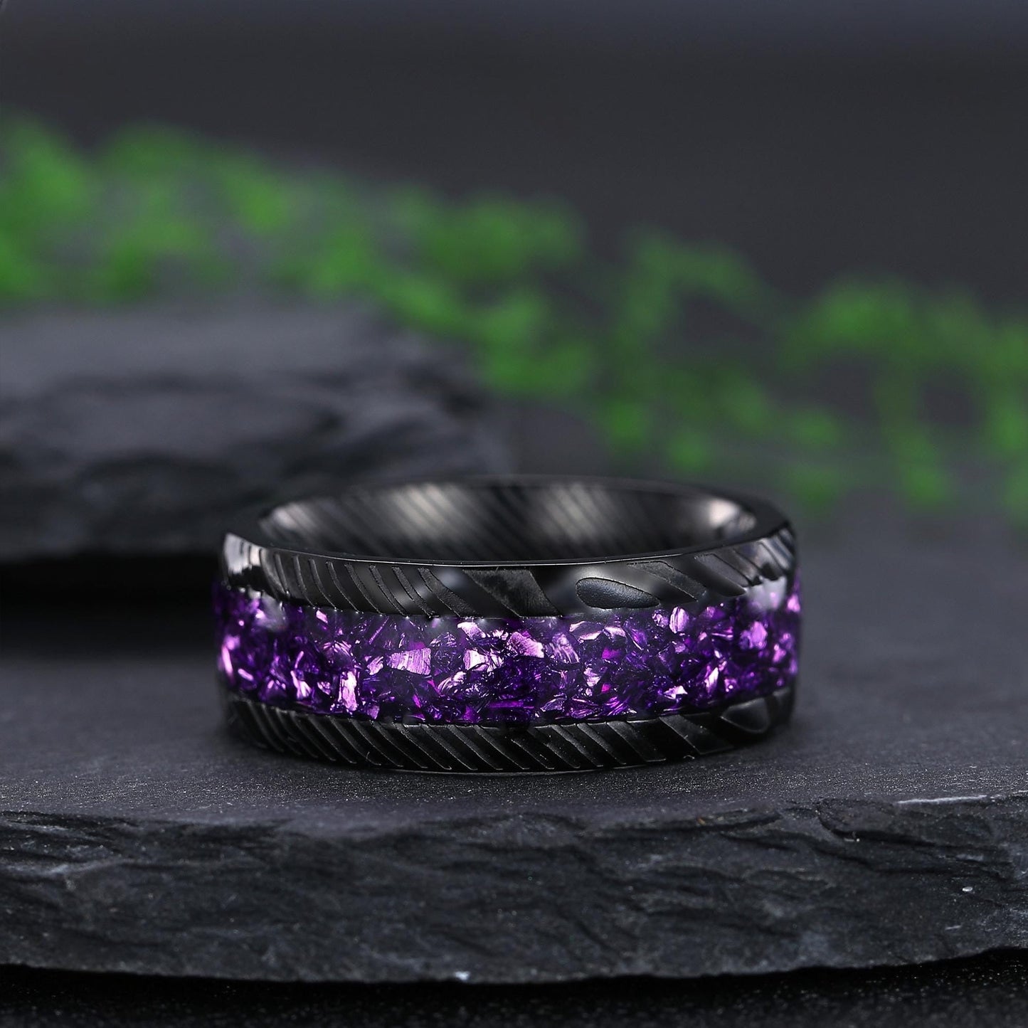 hexagon amethyst couple ring set tungsten ring, black gold amethyst engagement ring, his and hers wedding band promise ring - anerjuly