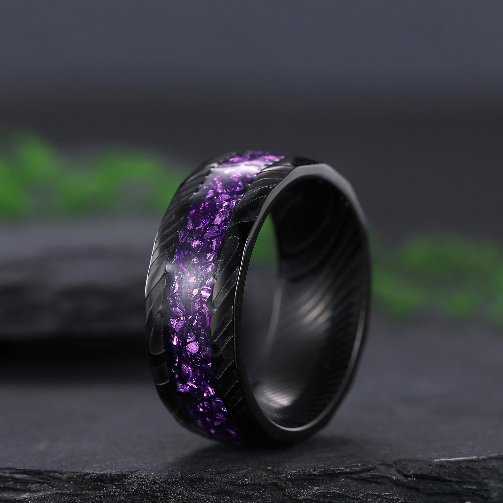 hexagon amethyst couple ring set tungsten ring, black gold amethyst engagement ring, his and hers wedding band promise ring - anerjuly
